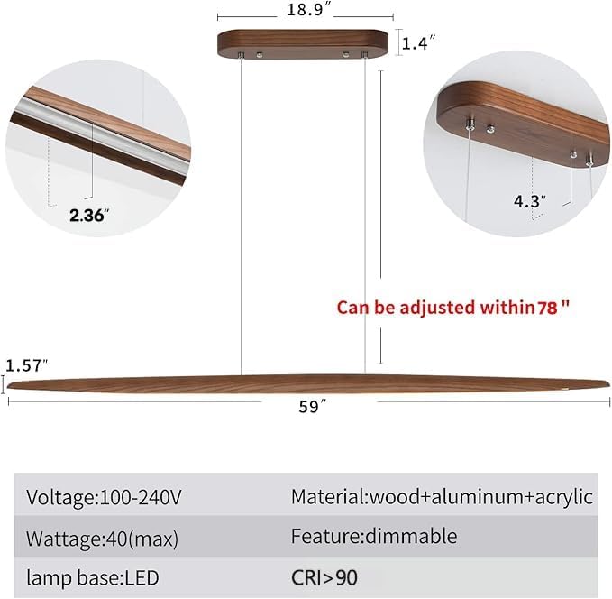 Wood Linear Pendant Hanging Light Fixture Minimalist Light Linear Chandelier Wood Kitchen Island Lighting 40w Dimmable for Dining Room Dining Table Living Room Pool Table Walnut Color
