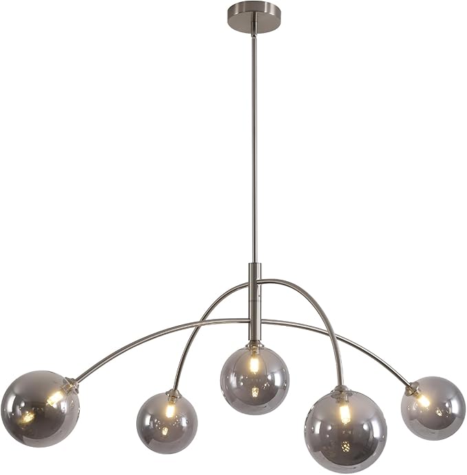 Modern Silver Chandelier 5 Light Smoke Gray Semi Flush Mount Chandelier Vintage Industrial Ceiling Light for Dining Room Kitchen Bedroom Hallway
