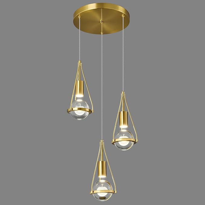 Gold Dandelion Pendant Light in Brushed Brass Finish, 3-Light Modern Crystal Kitchen Island Pendant Lighting Dimmable LED Hanging Ceiling Light Fixture for Bathroom Bedroom