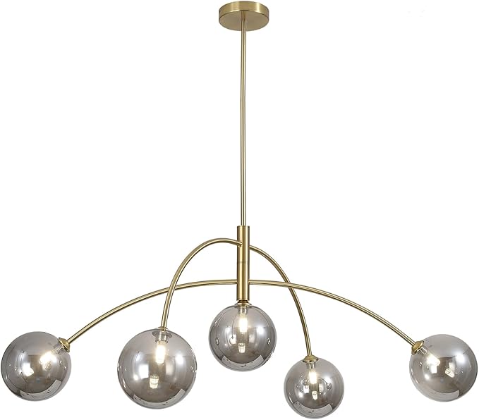 Modern Gold Chandelier 5 Light Smoke Gray Semi Flush Mount Chandelier Vintage Industrial Ceiling Light Dining Room Chandelier for Kitchen Bedroom Hallway