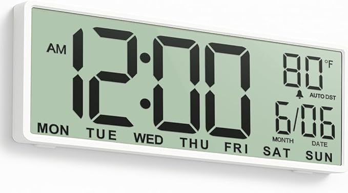 JALL 14.5" Large Digital Wall Clock Battery Operated with Big Digits LCD Display, Day, Date, Alarm, Auto DST, Temperature for Living Room, Bedroom, Desk, Mounted, Gift for Elderly (White, 14.5'')
