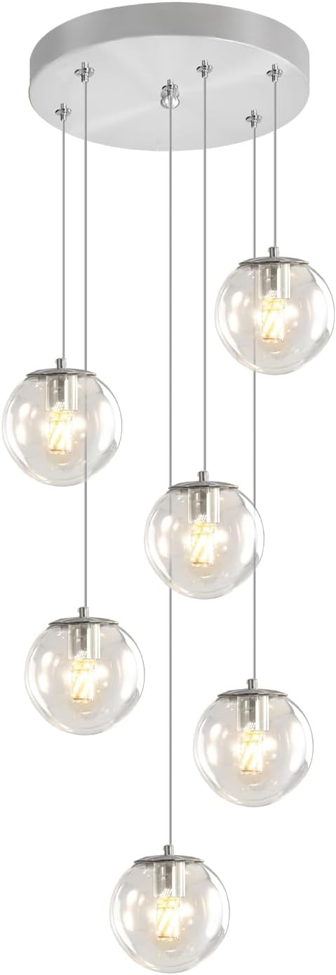 H 87in Modern Glass Globe Chandelier 6-Lights Glass Pendant Light for Staircase Silver Globe Chandelier Clear Glass Hanging Lighting for Living Room Bedroom Entryway