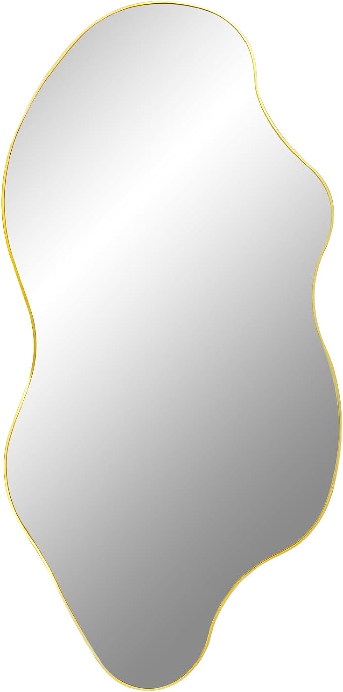 Large Irregular Mirror, Asymmetrical Wall Mirror, 52"x25.5" Gold Abstract Mirrors Decorative, Modern Frameless Wavy Shaped Mirrors for Dressing Living Room Bathroom Bedroom Hallway Entryway