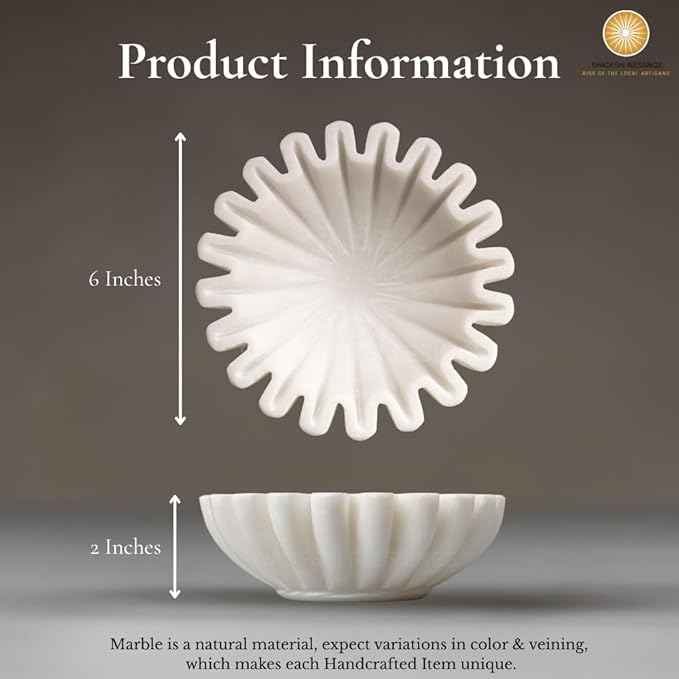 SWADESHI BLESSINGS HandCrafted Marble Ruffle Bowl/Antique Scallop Bowl/Fruit Bowl/Vintage Ring Dish/Decorative Flower Dish/HouseWarming Gift/Wedding Gifts/Urli (6 Inches)