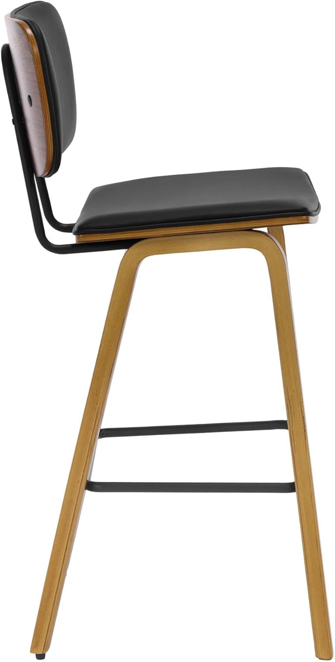 Counter Height Bar Stools, PU Leather Upholstered Barstools with Backs, Bent Wood Legs, 26 Inch Seat Height, Mid Century Modern Counter Stools for Kitchen Island, Black