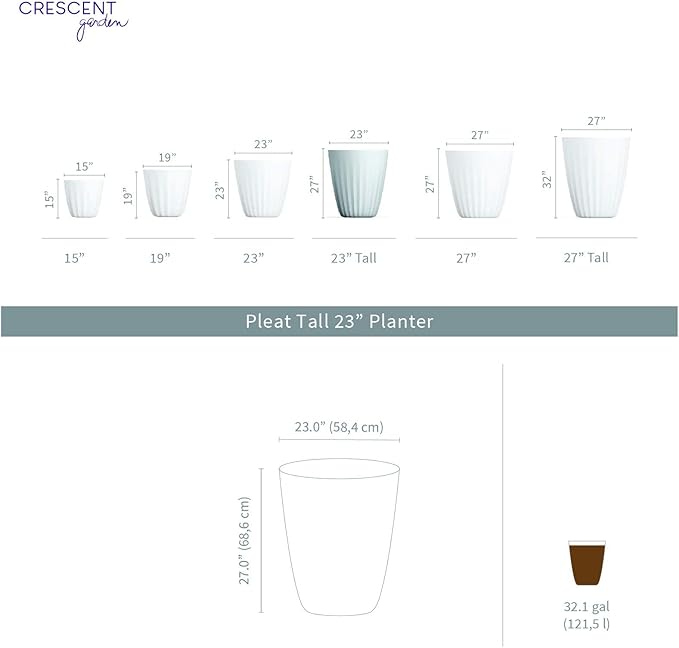 Crescent Garden Pleat Modern Decorative Planter, Indoor/Outdoor Pot, Resin Plant Pot with Drain Hole - 23" W x 27" H (Cloud White)