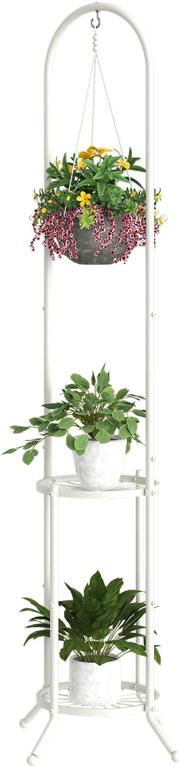 BMOSU Plant Stand with Hooks Indoor Outdoor Corner Tall Plant Stand Heavy-Duty Metal 3-Tier Plant Shelf Holder Rack for Patio Garden Balcony Living Room Bedroom(circular White)