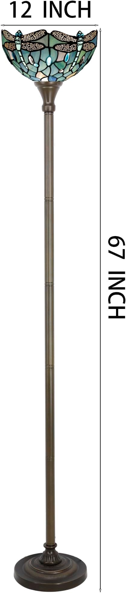 Tiffany Floor Lamp Sea Blue Torchiere Stained Glass Dragonfly Style Torch Lamp 12X12X67 Inch Antique Standing Corner Light