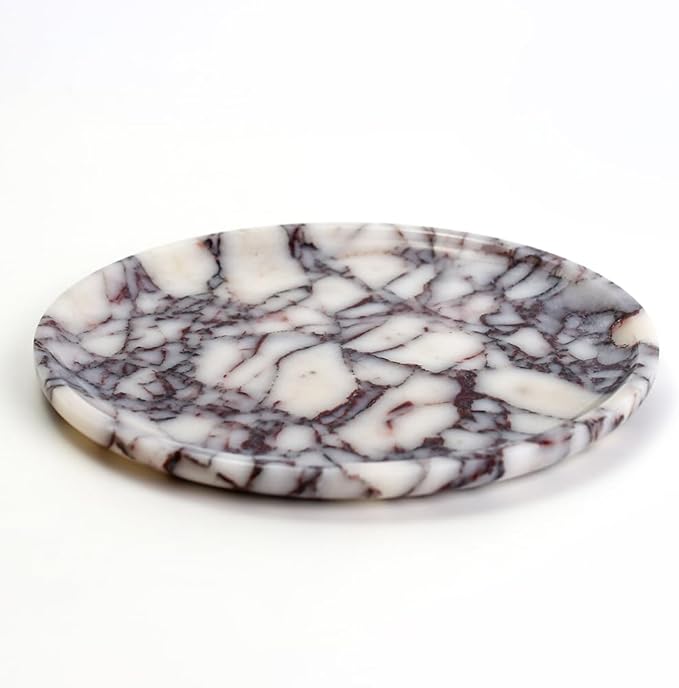 Natural Marble Tray, Coffee Table, Food, Fruit, Paper Cup, Cake Display, Coffee bar, Family Gatherings, Seasonal Holiday Decoration Tray(Viola-Circular-9.8"x9.8"x0.7")