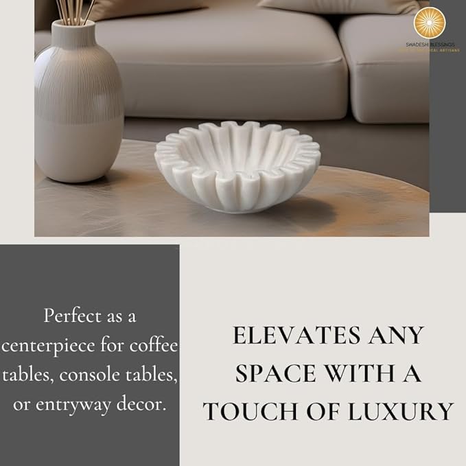 SWADESHI BLESSINGS HandCrafted Marble Ruffle Bowl/Antique Scallop Bowl/Fruit Bowl/Vintage Ring Dish/Decorative Flower Dish/HouseWarming Gift/Wedding Gifts/Urli (7 Inches)