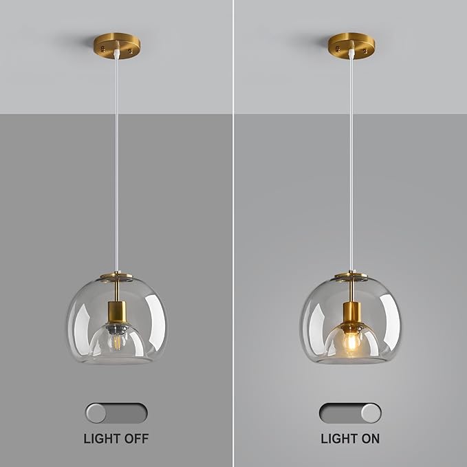 Clear Glass Pendant Lights Kitchen Island Gold Hanging Light Fixture Glass Globe Pendant Light Modern Pendant Lighting for Kitchen Island Bedroom Dining Room (9.84", 1 Pack)