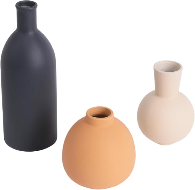 Ceramic Vase Set of 3, Rustic Modern Brown Vases for Bouquet, Fresh or Dried Plants, Home Decor-Modern Decorative Ceramic Flowers Vase for Rustic Home Decor (White-Dark)