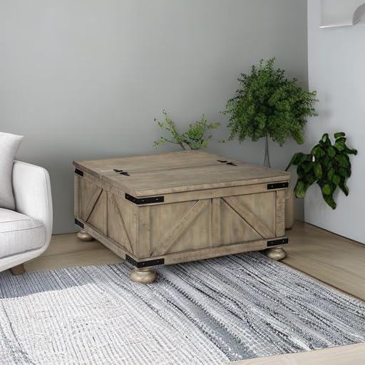 Signature Design by Ashley Aldwin Farmhouse Square Coffee Table with Lift Top for Storage, Grayish Brown