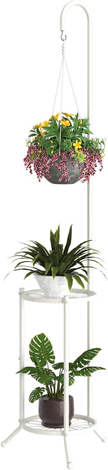 Plant Stand with Hooks Indoor Outdoor Corner Tall Plant Stand Heavy-Duty Metal 3-Tier Plant Shelf Holder Rack for Patio Garden Balcony Living Room Bedroom(semicircular White)