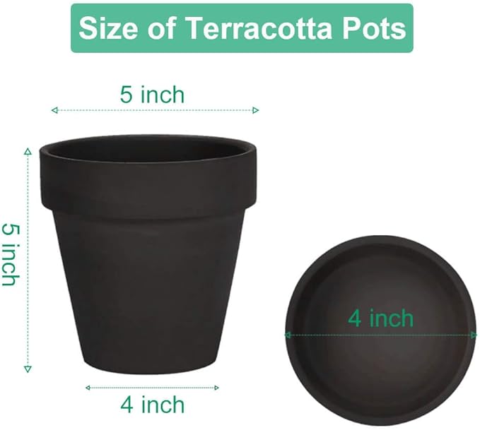 vensovo Black Terracotta & Clay Pots with Saucer - 6 Pack 5 Inch Terra Cotta Pot Ceramic Pottery Planter Cactus Flowerpots Drainage Hole, Great for Plants, Crafts and Wedding Favor