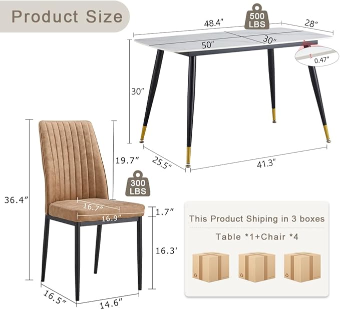 50" White Modern Sintered Stone Dining Table Set for 4 Faux Marble Dining Table with 4 Upholstered Leatheraire Fabric Chair Dining Room Table Set(1White Table+4Brown Chairs)