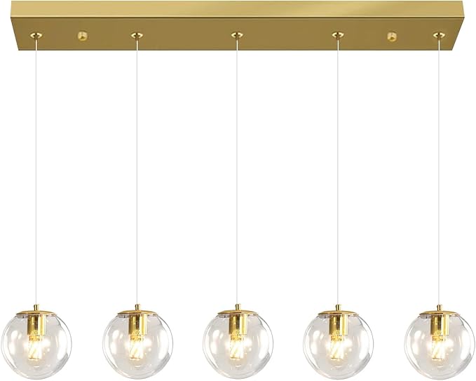 5-Lights Modern Rectangle Chandelier Globe Pendant Light,Gold Linear Globe Chandeliers for Dining Room and Kitchen Island