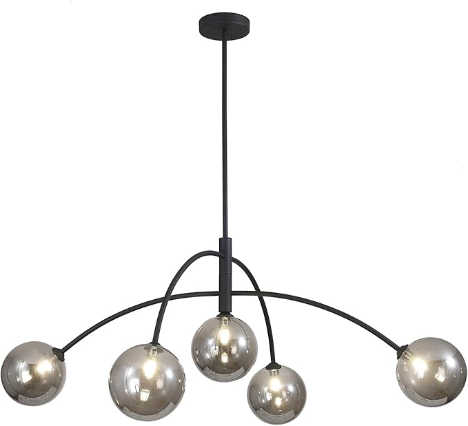 Mid Century Modern Chandelier Black 5 Light Industrial Pendant Light Fixture Vintage Smoke Gray Globe Glass Sputnik Chandeliers for Bedroom Kitchen Living Room Hallway