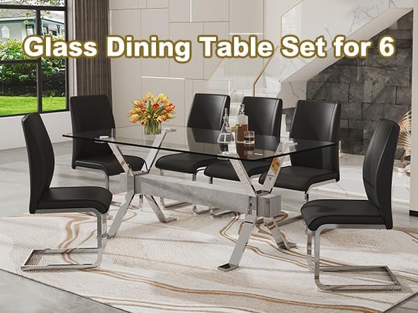 71'' Glass Dining Table Set for 6,7 Piece Dining Table Set with Tempered Glass Tabletop and Open‑Frame X‑Shaped Metal Base,Kitchen Table and Chairs Ideal for Dining Room&Home Office
