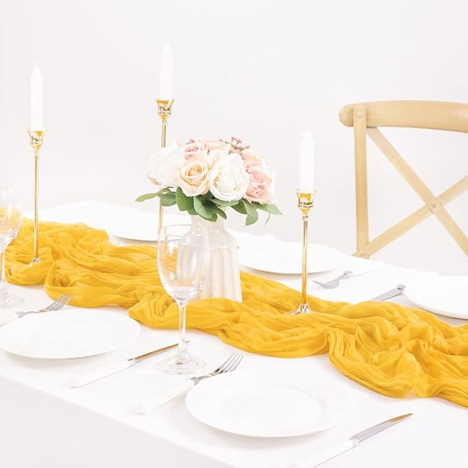 MLMC Gold Table Runner Rustic Gauze Cheesecloth Table Runner 13.3ft Fall Decor Cheese Cloth Table Decoration 35x160 Inches for Party Family Gatherings Home Decor