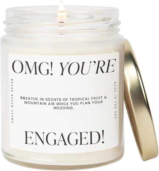 Sweet Water Decor OMG, You're Engaged! Candle - Tropical Fruits, Sugared Citrus, Mountain Green Scented Soy Candle for Home - Couple Engagement Gifts - 9oz Clear Jar, 40 Hour Burn Time, Made in USA