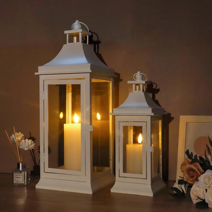 JHY DESIGN 19.5''&13''Tall Vintage Candle Lanterns Set of 2 Outdoor Hanging Tower Lantern Metal Candle Holder for Garden Living Room Indoor Outdoor Parties Weddings Balcony Patio