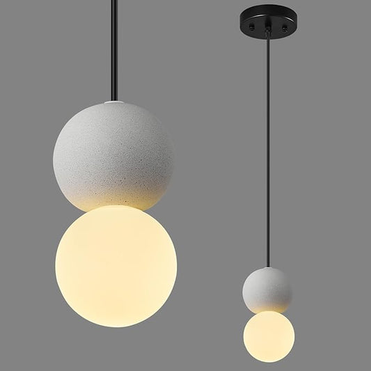 Modern 1-Light Concrete Pendant Light Kitchen Islandceiling Light Fixture White Glass Globe Ball Pendant Lighting for Dining Room Coffee Club Resturant Bar Living Room(1-Pack)