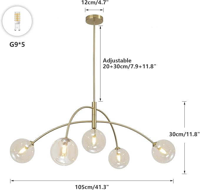 Mid Century Modern Sputnik Chandelier 5-Light Gold Glass Ceiling Light Large Brass Chandelier for Dining Room Kitchen Bedroom