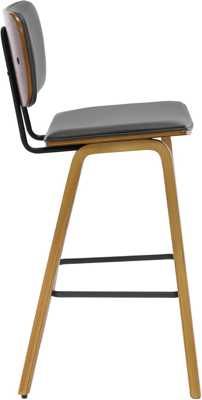 Counter Height Bar Stools, PU Leather Upholstered Barstools with Backs, Bent Wood Legs, 26 Inch Seat Height, Mid Century Modern Counter Stools for Kitchen Island, Grey