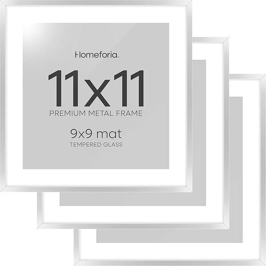 Homeforia 11x11 Picture Frame Silver, High End Metal 11 by 11 Square Frames with Mat 9 x 9 Photo, 11x11 Thin Poster Frame Matted to 9x9 inch Art, Wall Hanging Frame, Tempered Glass, Wall Kit, Set of 3