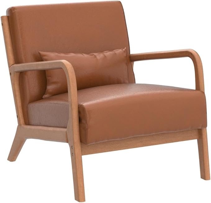 INZOY Mid-Century Modern Accent Chair Set of 2, PU Leather Reading Armchair with Waist Cushion, Upholstered Living Room Chairs for Bedroom Sunroom, Camel Set