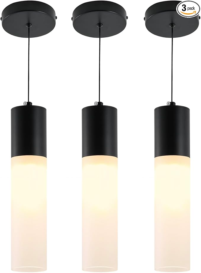 Pendant Lights Kitchen Island 3 Pack 12W Led Pendant Light with Milky White Lampshade, 1-Light Dining Light Fixture Ceiling Light Hanging in Black Finish, E12 LED Bulbs Included, 3000K-6000K