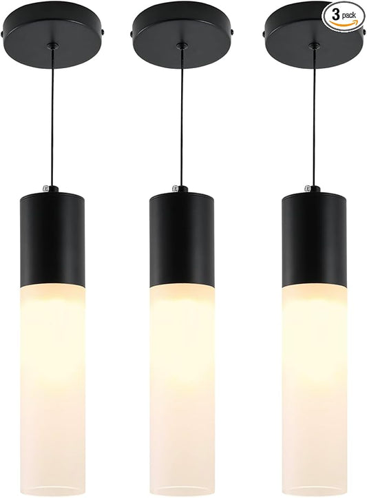 Pendant Lights Kitchen Island 3 Pack 12W Led Pendant Light with Milky White Lampshade, 1-Light Dining Light Fixture Ceiling Light Hanging in Black Finish, E12 LED Bulbs Included, 3000K-6000K