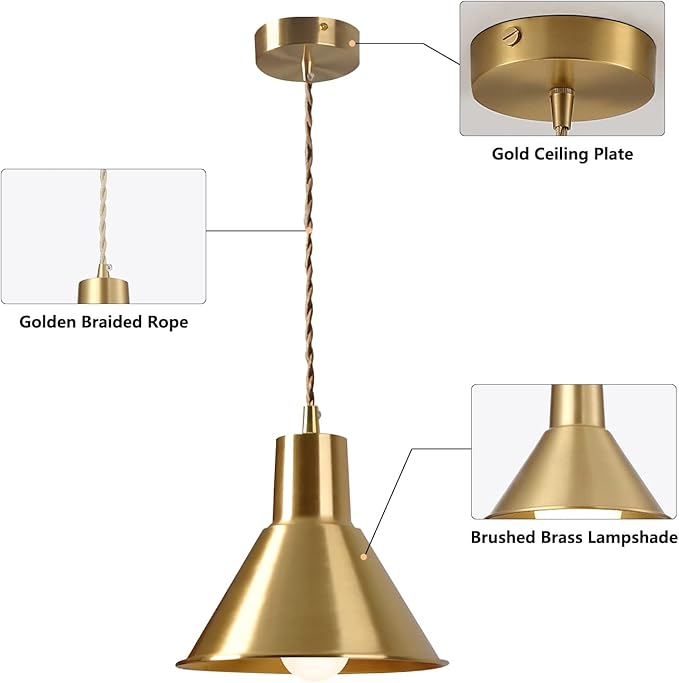 KCO Lighting Brushed Gold Pendant Lighting Modern Cone Pendant Light Brass Mini Hanging Kitchen Island Light Fixture Mid Century Vintage Hanging Ceiling Lamp