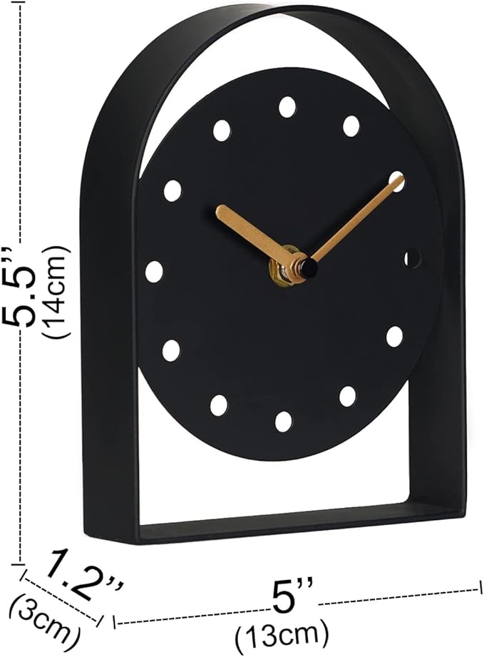 SOFFEE DESIGN One-Piece Tabletop Clock Arched Frame Without Scale Modern Minimalist Design, Desk Clock Battery Operated Non Ticking for Office Bedroom Living Room, Black