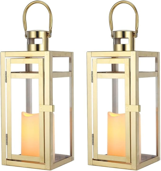 TRIROCKS Set of 2 Stainless Steel Decorative Lantern 12'' High Metal Candle Holder Outdoor Candle Lantern with Tempered Panels for Home Decor Living Room Parties Events Tabletop Indoor Outdoor (Gold)