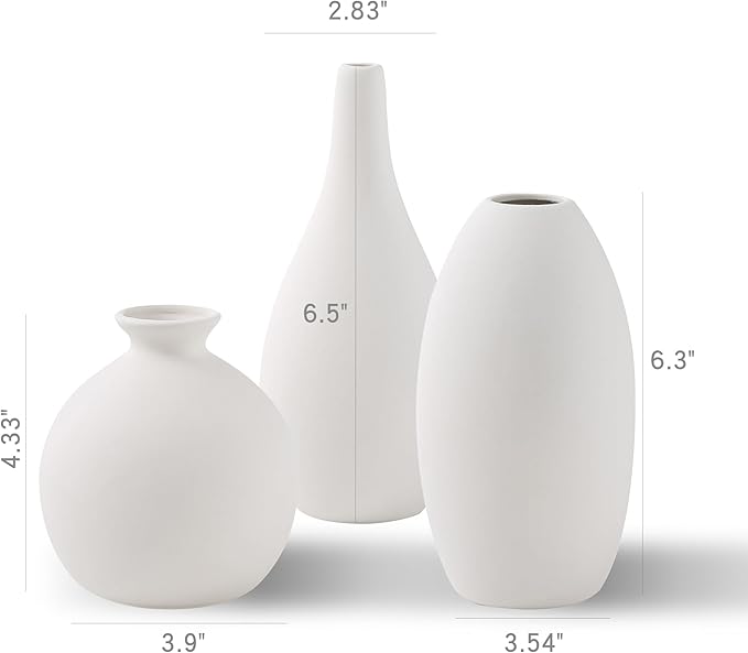 White Ceramic Vase Set of 3, Farmhouse Decor, Home Decorative Vases for Kitchen, Bedroom, Office, Living Room, Bathroom, Shelf Centerpiece Table Decorations, Vases Set Gift