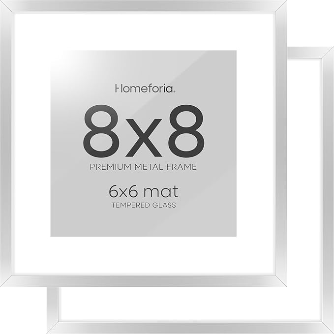 Homeforia 8x8 Silver Picture Frame, High End Metal 8 x 8 Square Frames with Mat 6 by 6 Photo, 8x8 Brass Frame Matted to 6x6 inch Print, 8by8 Wall or Tabletop Frames, Tempered Glass, Wall Kit, Set of 2