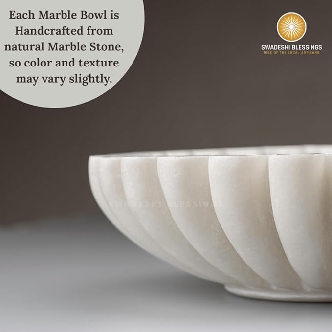 SWADESHI BLESSINGS HandCrafted Marble Ruffle Bowl/Antique Scallop Bowl/Fruit Bowl/Vintage Ring Dish/Decorative Flower Dish/HouseWarming Gift/Wedding Gifts/Urli (8 Inches)