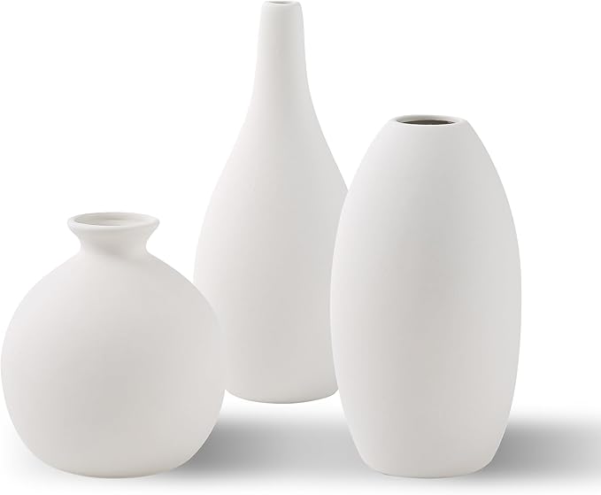 White Ceramic Vase Set of 3, Farmhouse Decor, Home Decorative Vases for Kitchen, Bedroom, Office, Living Room, Bathroom, Shelf Centerpiece Table Decorations, Vases Set Gift