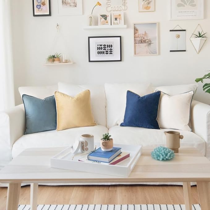 MONDAY MOOSE Decorative Throw Pillow Covers Cushion Cases, Set of 4 Soft Velvet Modern Double-Sided Designs, Mix and Match for Home Decor, Pillow Inserts Not Included (22x22 inch, Blue/Beige)