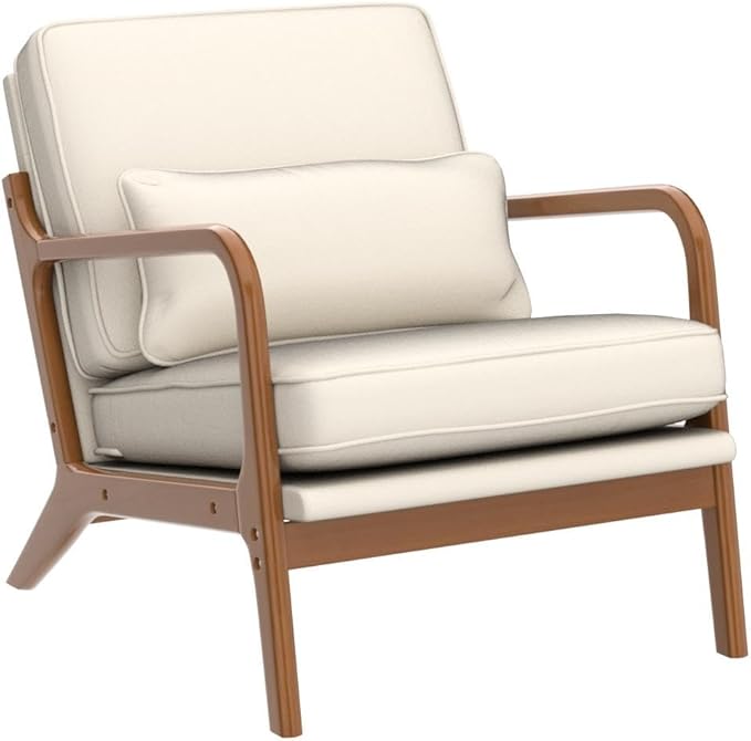 Karl home Accent Chair Mid-Century Modern Chair with Pillow Linen Fabric Upholstered Lounge Arm Chair with Solid Wood Frame & Soft Cushion for Living Room, Bedroom, Balcony, Beige