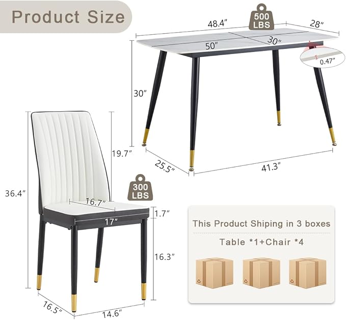 50" White Sintered Stone Dining Table Set for 4 Modern Faux Marble Dining Table with 4 Upholstered PU Leather Chair Dining Room Table Set for Kitchen Apartment(1White Table+4White &Gray Chairs)