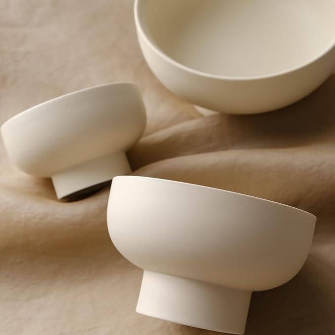 High-foot Deep Fruit Bowl, Ceramic Pedestal Decorative Bowl, Round Bowl for Salad, H3.38" × W5.5" Small Size, 17oz, Matte Crème