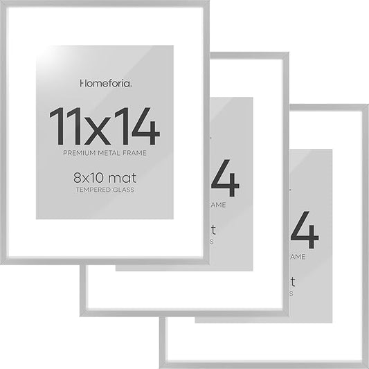 Homeforia 11x14 Picture Frame Silver, High End Metal 11x14 Frames with Mat 8x10, 11 x 14 Silver Poster Frame Matted to 8 x 10 inch Photo, 11by14 Thin Hanging Frames, Tempered Glass, Wall Kit, Set of 3