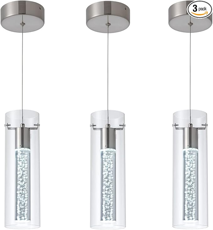 3-Pack Modern Pendant Lighting Satin Nickel,24W Light Chandelier with LED Bulb, Updated Housing and Bubble Kitchen Light for Kitchen,Dining Room,Living Room,Corridor and Restaurant, 6000K