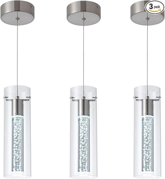 3-Pack Modern Pendant Lighting Satin Nickel,24W Light Chandelier with LED Bulb, Updated Housing and Bubble Kitchen Light for Kitchen,Dining Room,Living Room,Corridor and Restaurant, 6000K