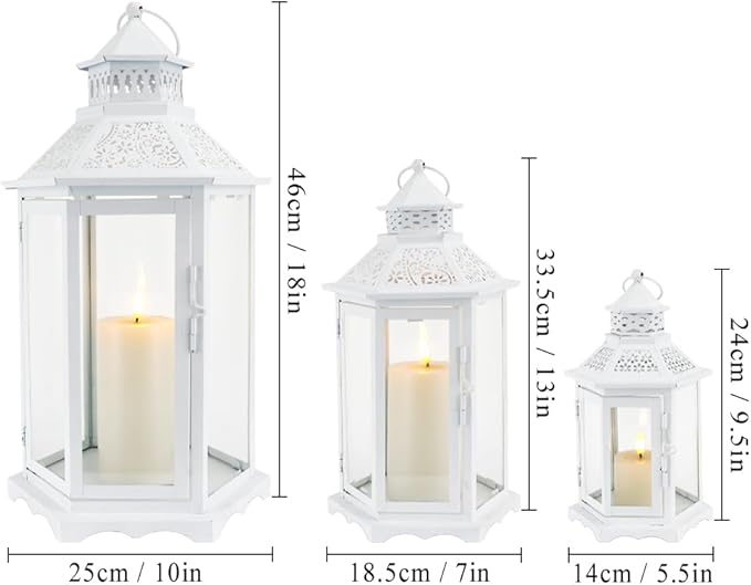 TRIROCKS Set of 3 Decorative Candle Lanterns18''&13"&10" H Hexagonal Candle Holder Vintage Metal Hanging Lantern with Tempered Glass for Garden Patio Wedding Event Indoors Outdoors(White)
