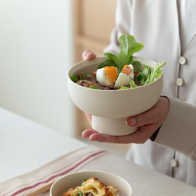 High-foot Fruit Bowl, Ceramic Pedestal Decorative Bowl, Round Bowl for Salad, H3.38" × W5.5" Small Size, 17oz, Coconut Café