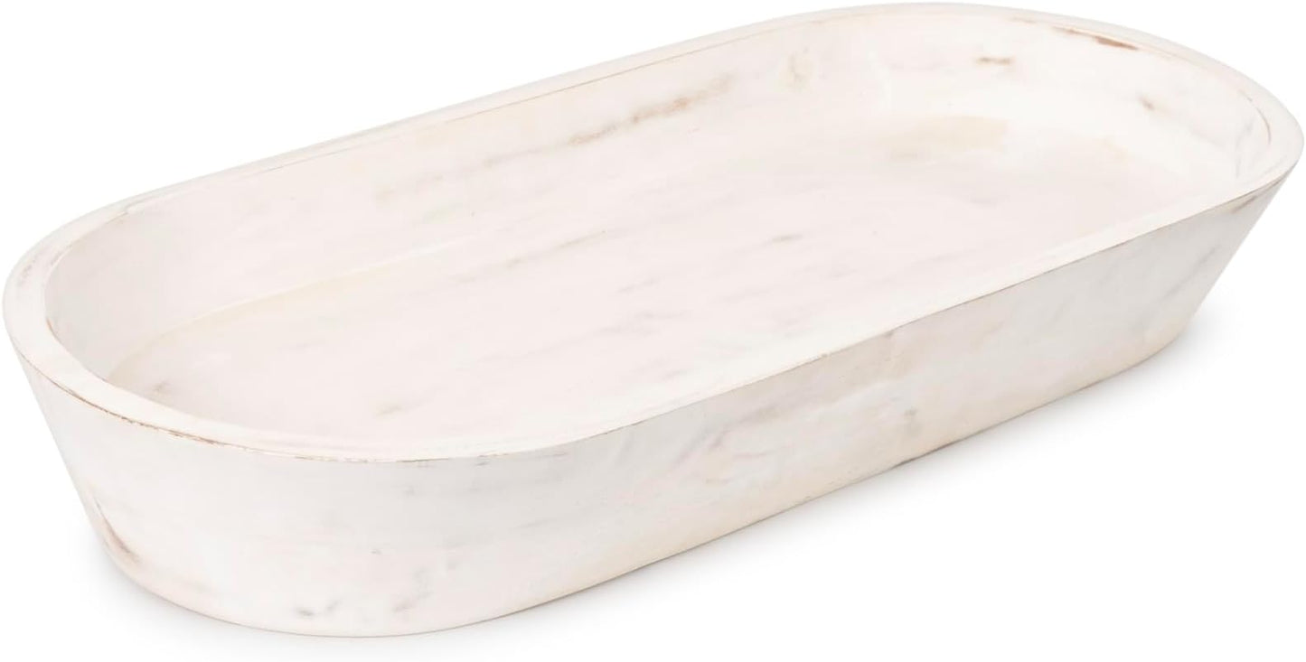 Wooden Dough Bowl - Large Rustic White Acacia Wood - Handmade Decorative Bowls for Home Decor, Bathroom, Kitchen Counter, & More - Rustic Large Wood Dough Bowl for Decor, Cosmetics, and Keys